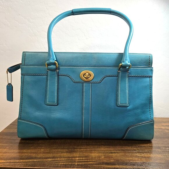 Coach Handbags - Vintage Coach Hampton Turn Lock Teal/Turquoise Leather Carry All Satchel Bag